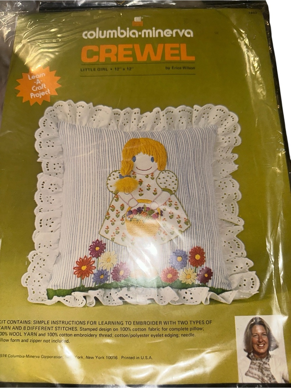 vintage Columbia-Minerva Crewel Pillow Kit titled "Little Girl" (12" x 12")